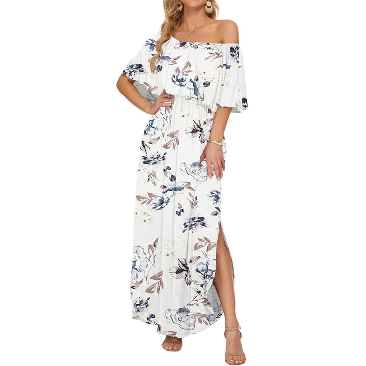 Floral Off-Shoulder Maxi Dress, Flowy Elastic Waist Dress with Side Slit