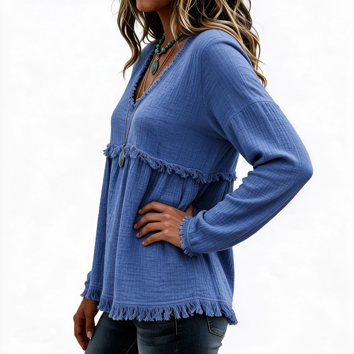 Boho Fray Trim V Neck Long Sleeve Top