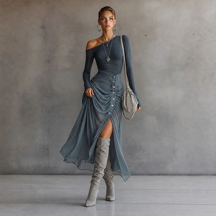Off-shoulder long-sleeve maxi dress set with a slit