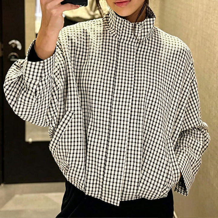 Cropped plaid jacket with a stand collar