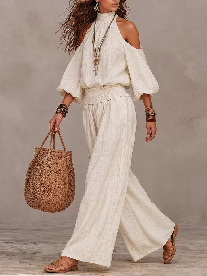 Cold Shoulder Halter Neck Linen Blend Two Piece Set