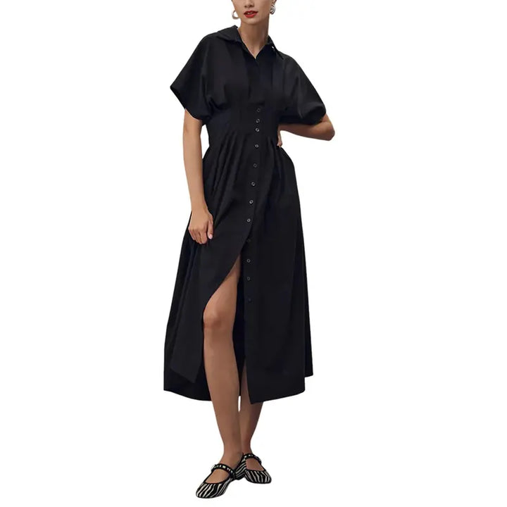 Cinched Waist Button-Front Midi Shirt Dress