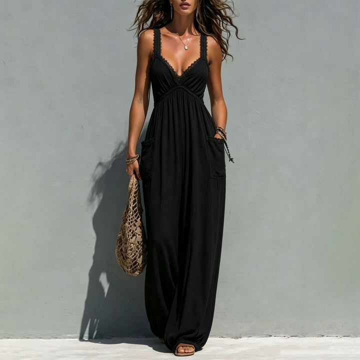 Lace Trim Spaghetti Strap V Neck Casual Jumpsuit