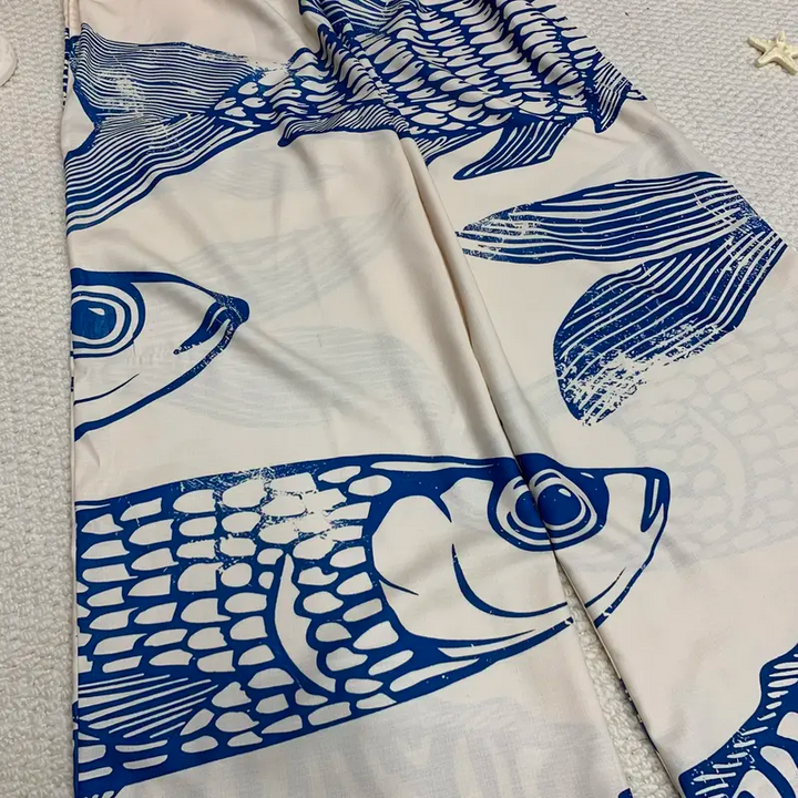Vintage Blue Fish Print Elastic Waist Wide Leg Beach Pants With Pocket