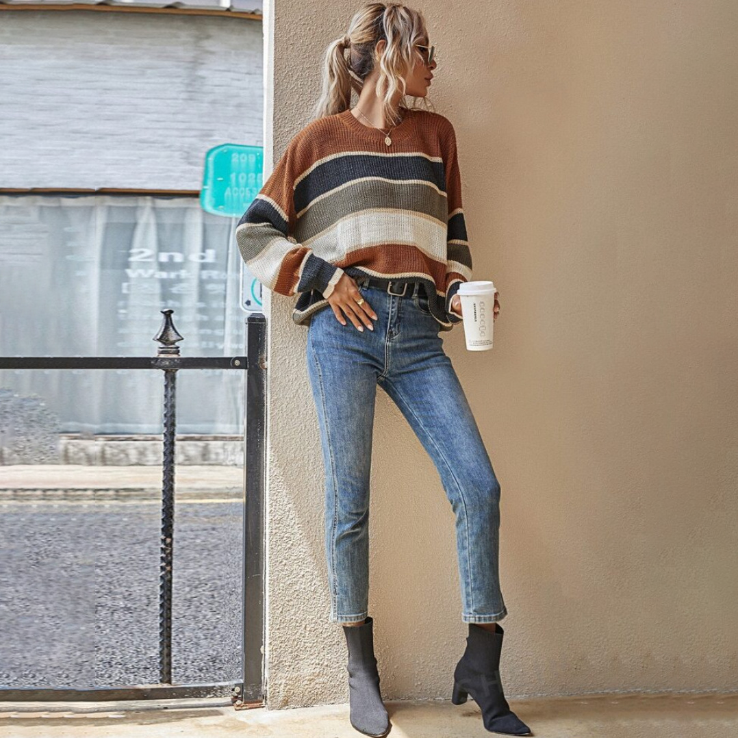 Women Loose Striped Knit Sweater Top