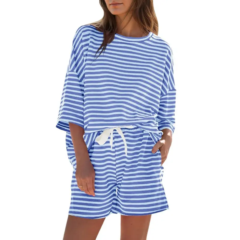 Striped Loungewear Set, Oversized Tee &amp; Drawstring Shorts