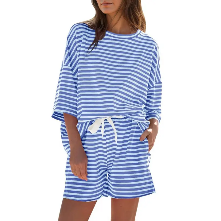 Striped Loungewear Set, Oversized Tee &amp; Drawstring Shorts