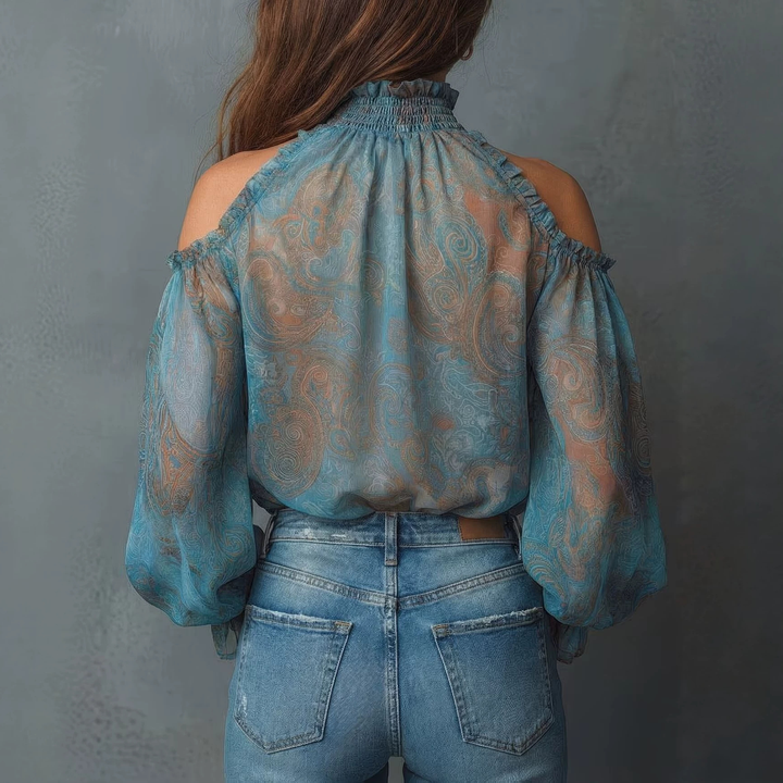 Cold Shoulder Ruffle High Neck Blouse