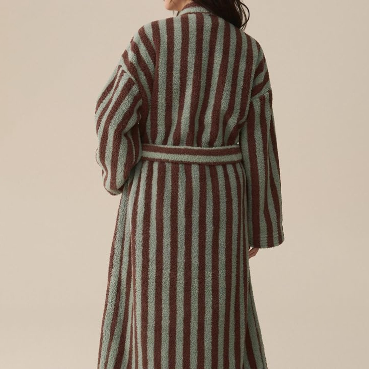 Pocketed Striped Plush Long Robe