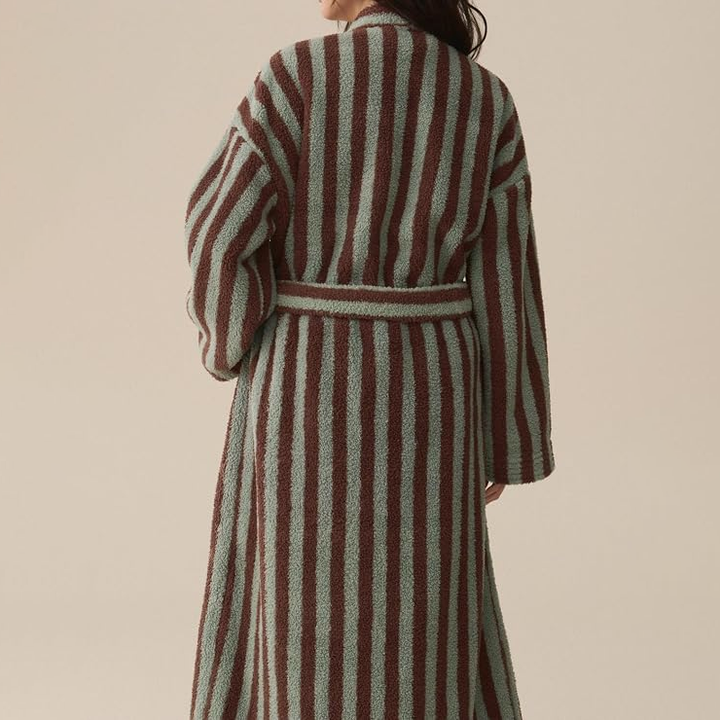 Pocketed Striped Plush Long Robe