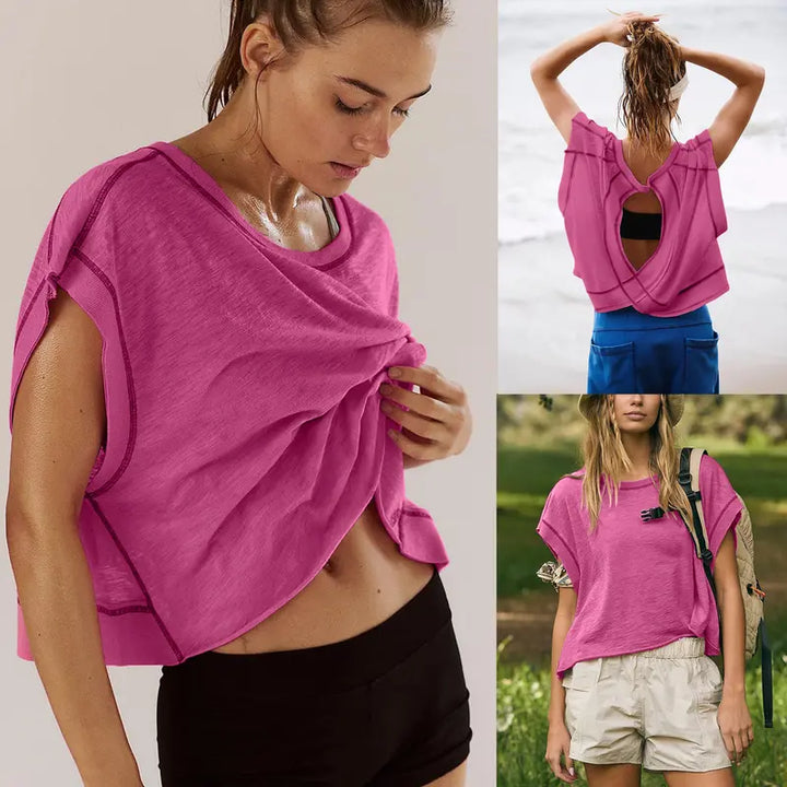Open-Back Cropped Athletic Tee, Breathable Twist-Back Workout Top