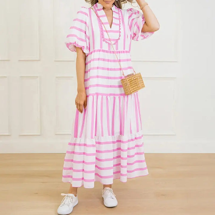 Blue &amp;amp; White Stripe Tiered Midi Dress