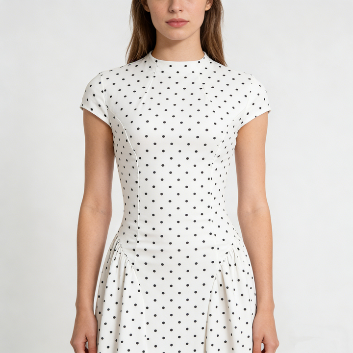 White Polka Dot Cap Sleeve Fit-and-Flare Midi Dress