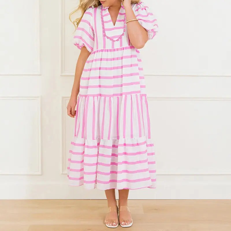 Blue &amp;amp; White Stripe Tiered Midi Dress