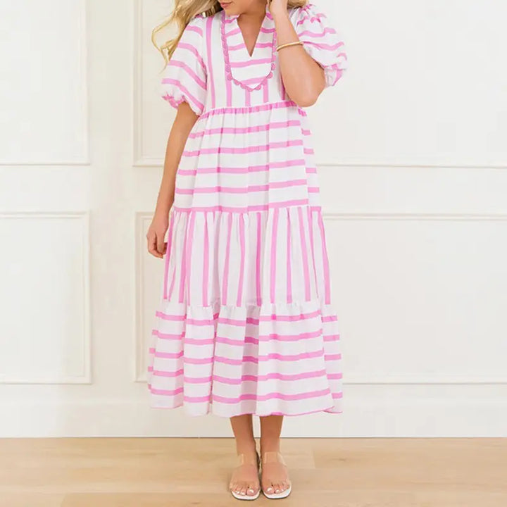 Blue &amp;amp; White Stripe Tiered Midi Dress