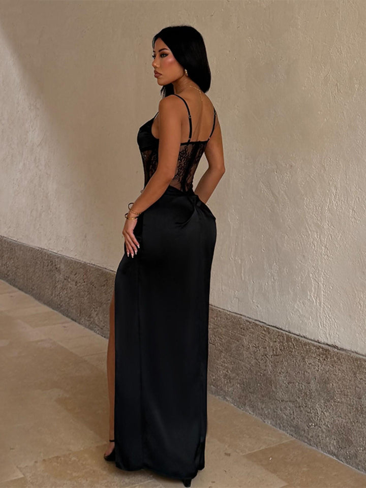 Black Lace &amp;amp; Satin Corset Maxi Dress