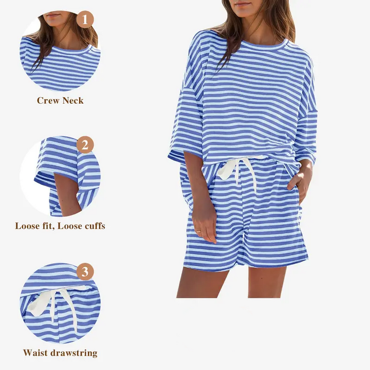 Striped Loungewear Set, Oversized Tee &amp; Drawstring Shorts