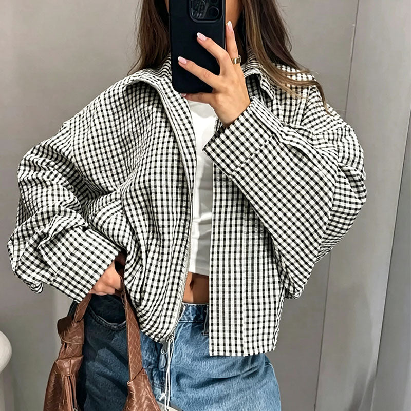 Cropped plaid jacket with a stand collar