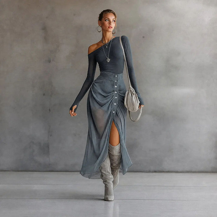 Off-shoulder long-sleeve maxi dress set with a slit