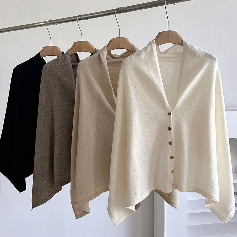 Knitted button-fastening shawl cape/poncho