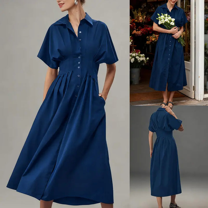 Cinched Waist Button-Front Midi Shirt Dress