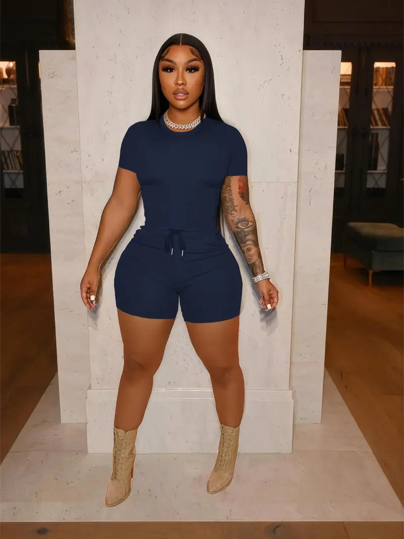 Short Sleeve Top Drawstring Biker Shorts Two-Piece Set