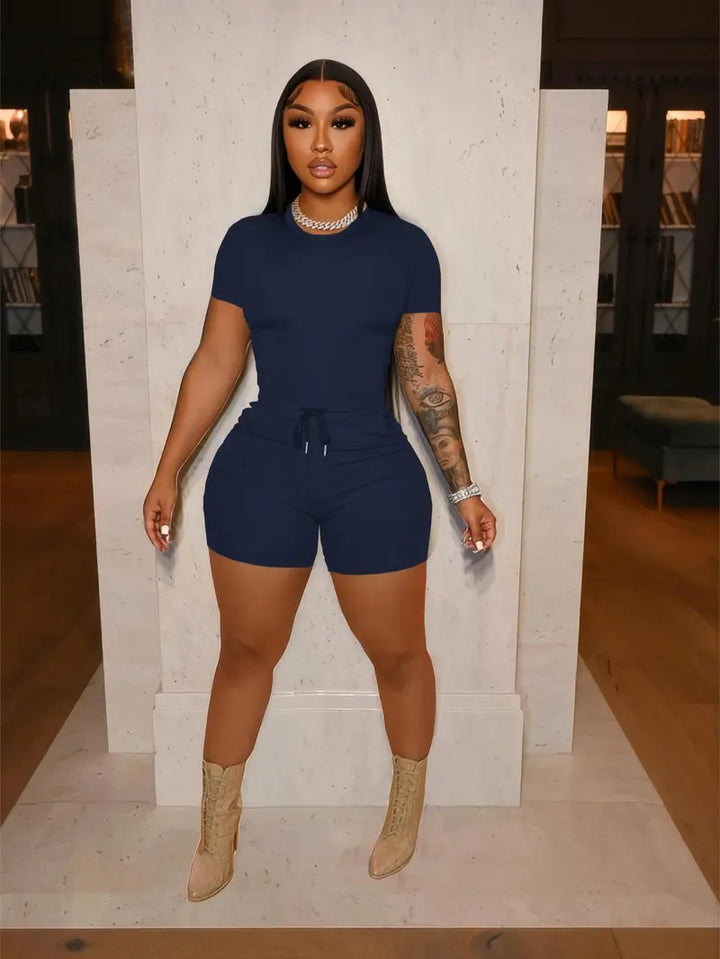 Short Sleeve Top Drawstring Biker Shorts Two-Piece Set