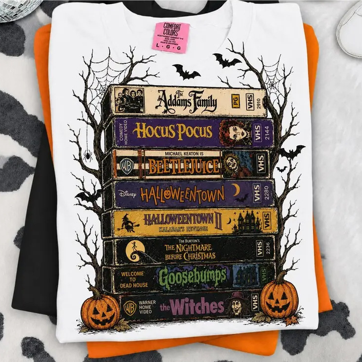 Retro Halloween VHS Movies Stack Graphic Tee