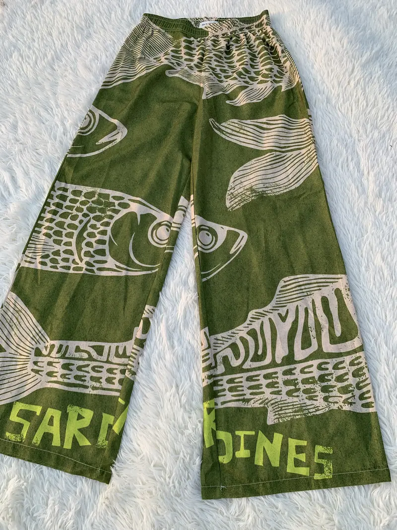 Vintage Blue Fish Print Elastic Waist Wide Leg Beach Pants With Pocket