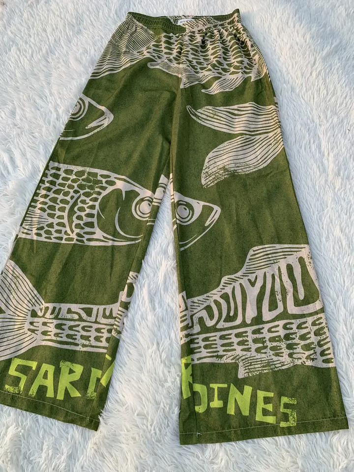 Vintage Blue Fish Print Elastic Waist Wide Leg Beach Pants With Pocket