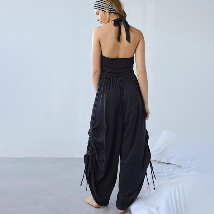 Summer New Ruched Waist Tie-Back Halter Neck Wide Leg Jumpsuit