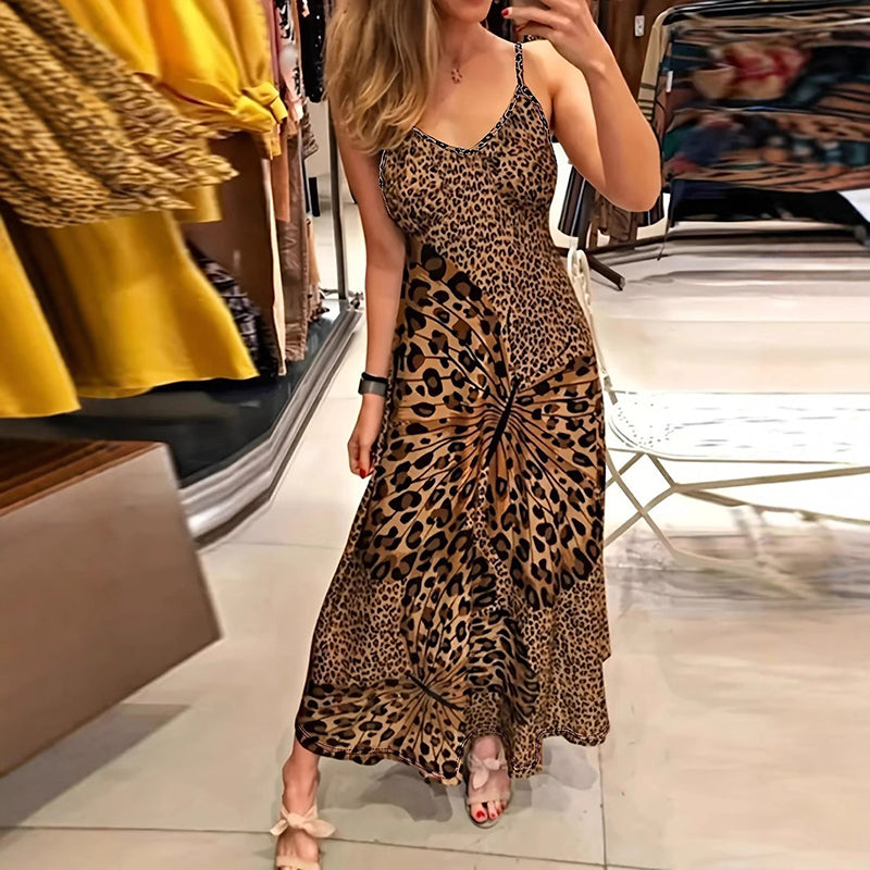 Leopard Butterfly Print Spaghetti Strap V Neck Maxi Dress