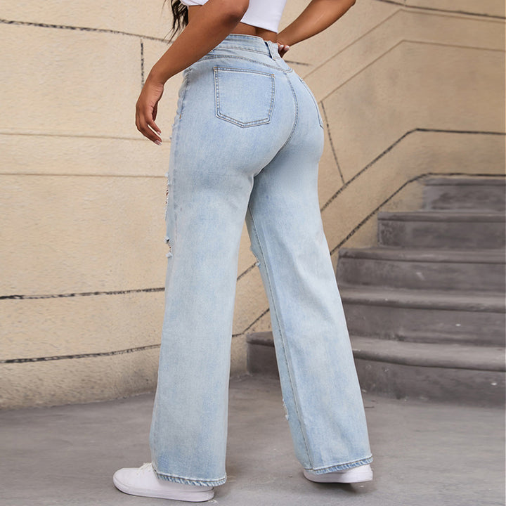 Ripped Stretch Baggy Jeans - Medium Wash