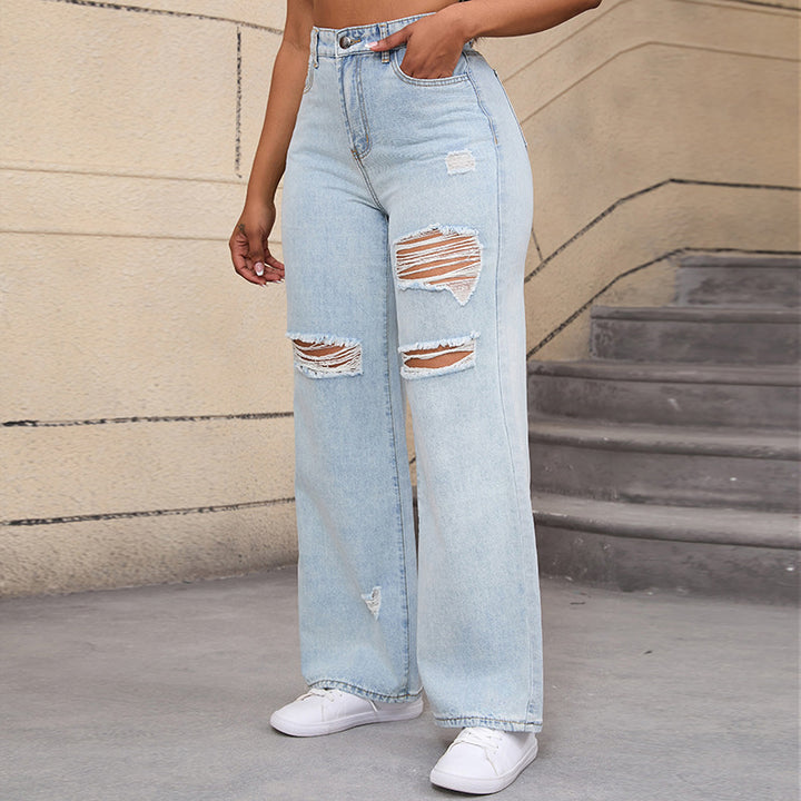 Ripped Stretch Baggy Jeans - Medium Wash