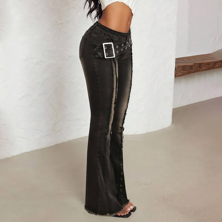 Low Rise Flare Jeans with Sun Button Detail &amp; Raw Hem