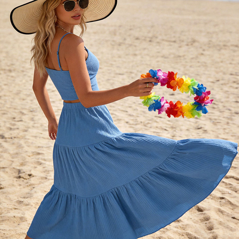Elegant Ribbed Cami Top and Tiered Maxi Skirt Two-Piece Set