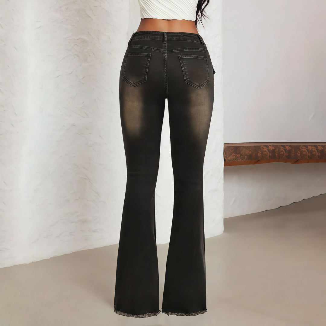 Low Rise Flare Jeans with Sun Button Detail &amp; Raw Hem