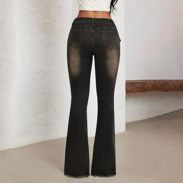 Low Rise Flare Jeans with Sun Button Detail &amp; Raw Hem