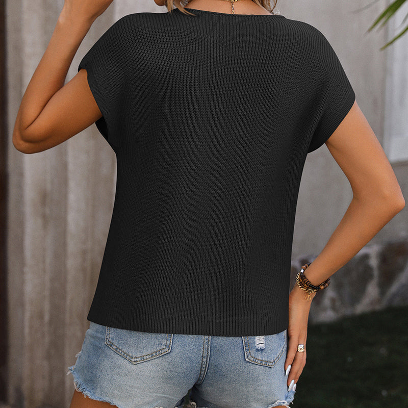 Short Sleeve Crew Neck Pocket Detail Sweater Top