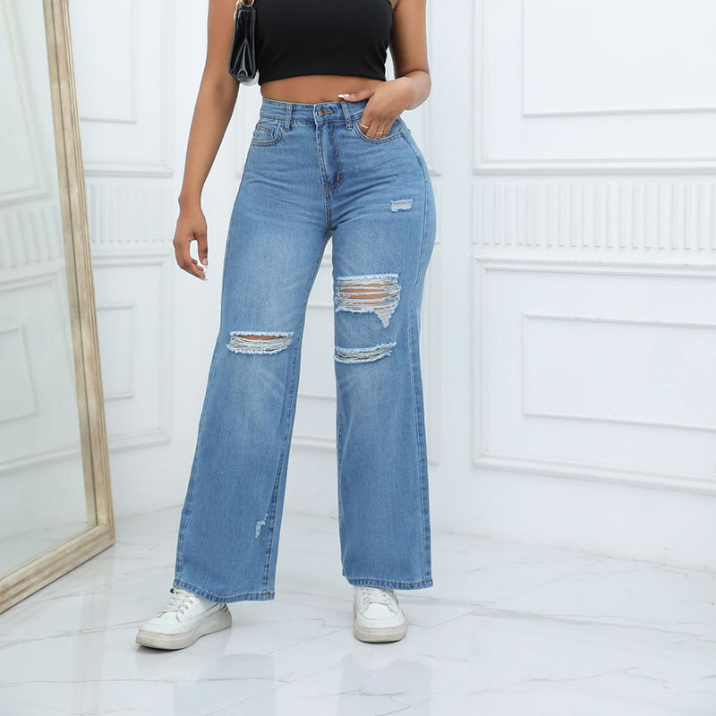 Ripped Stretch Baggy Jeans - Medium Wash