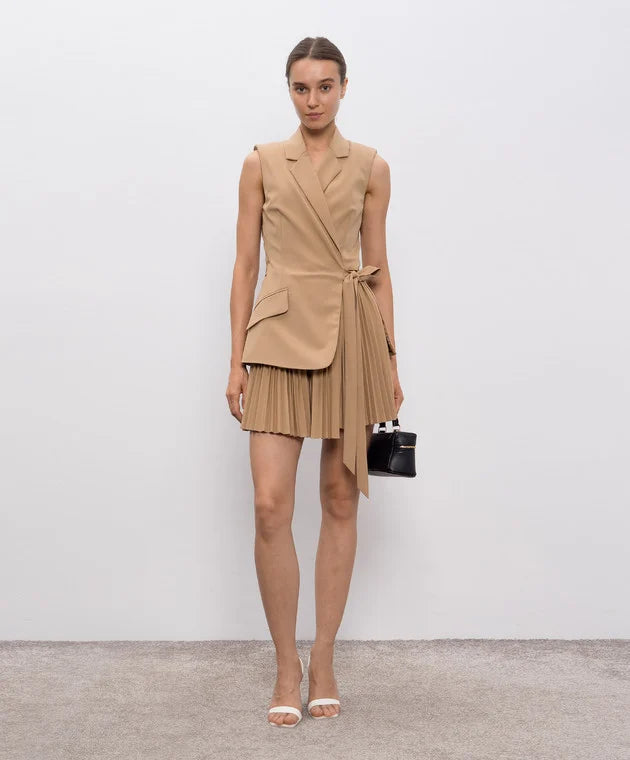 Sleeveless Blazer Dress with Pleated Skirt | Belted Tailored Mini Dress for Women