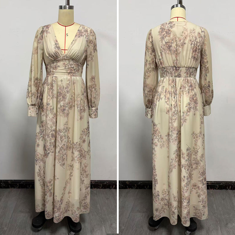 Floral V Neck Long Sleeve Bohemian Maxi Dress