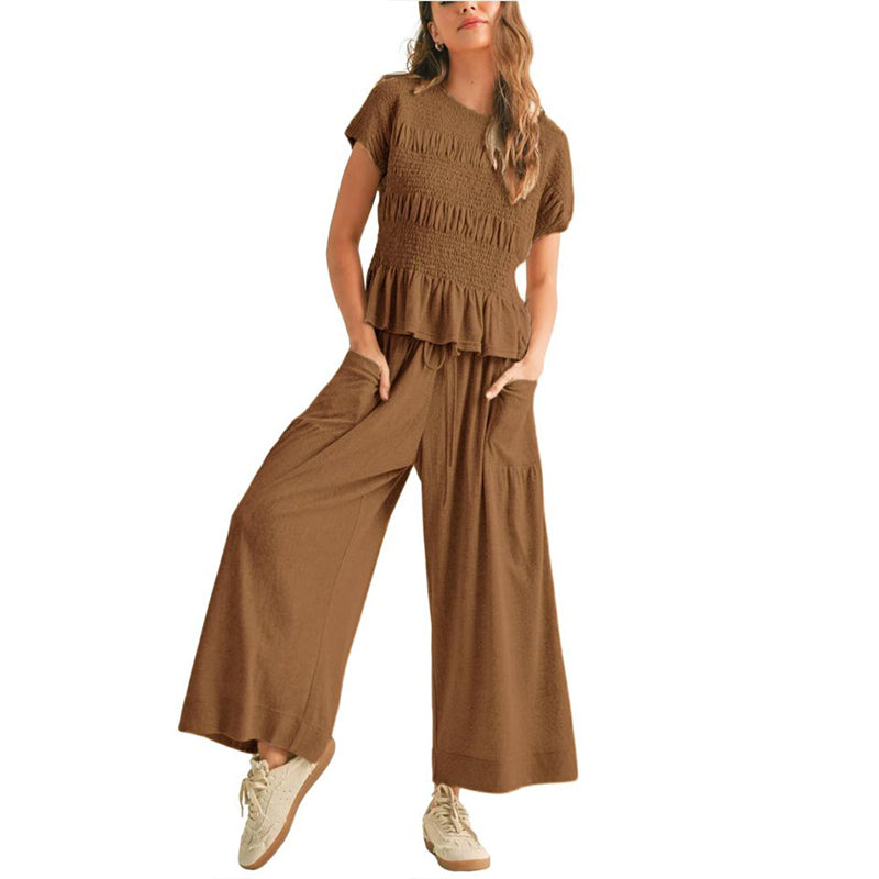 Smocked Top Wide Leg Pants Two Piece Set