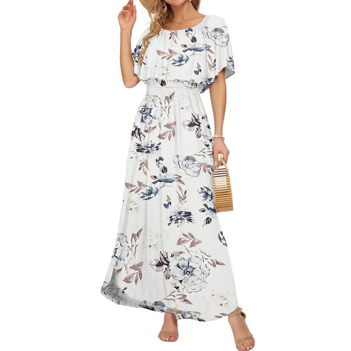Floral Off-Shoulder Maxi Dress, Flowy Elastic Waist Dress with Side Slit