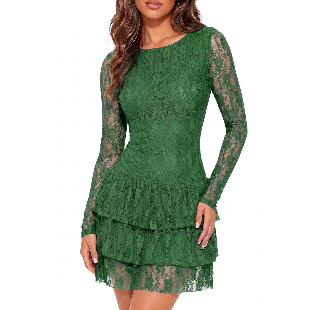 Lace Long Sleeve Tiered Mini Dress