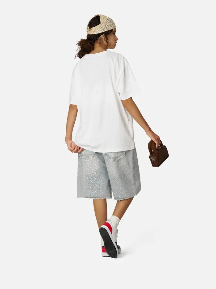 Rhinestone Denim Jorts, Oversized Baggy Bermuda Shorts with Raw Hem