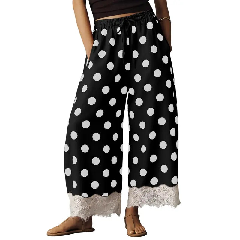 White Polka Dot Drawstring Loose Cropped Pants With Scalloped Lace He