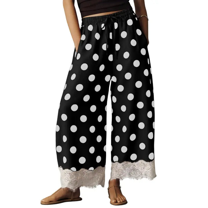 White Polka Dot Drawstring Loose Cropped Pants With Scalloped Lace He