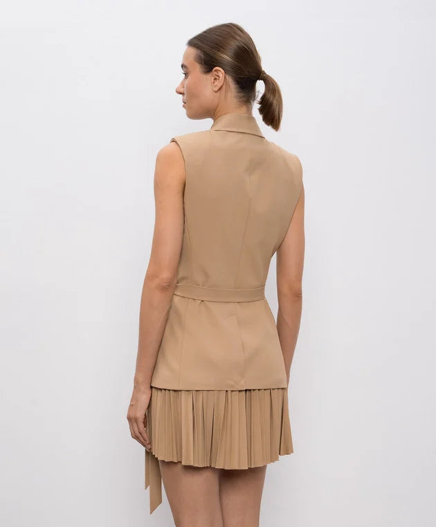 Sleeveless Blazer Dress with Pleated Skirt | Belted Tailored Mini Dress for Women