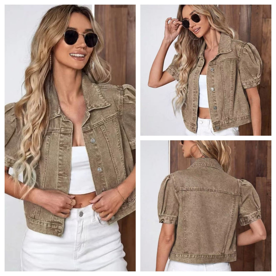 Puff Sleeve Cropped Denim Jacket